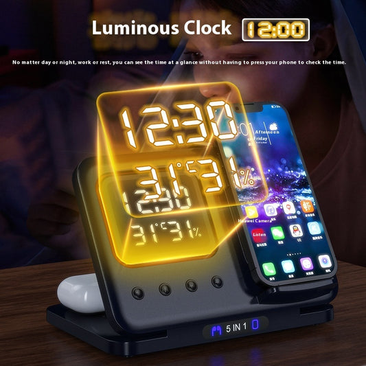 5-in-1 Wireless Charging Stand – 15W Fast Charger with LED Alarm Clock