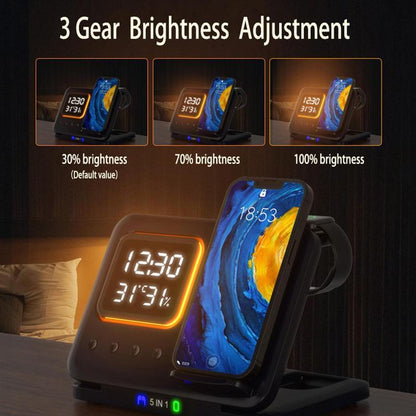 5-in-1 Wireless Charging Stand – 15W Fast Charger with LED Alarm Clock