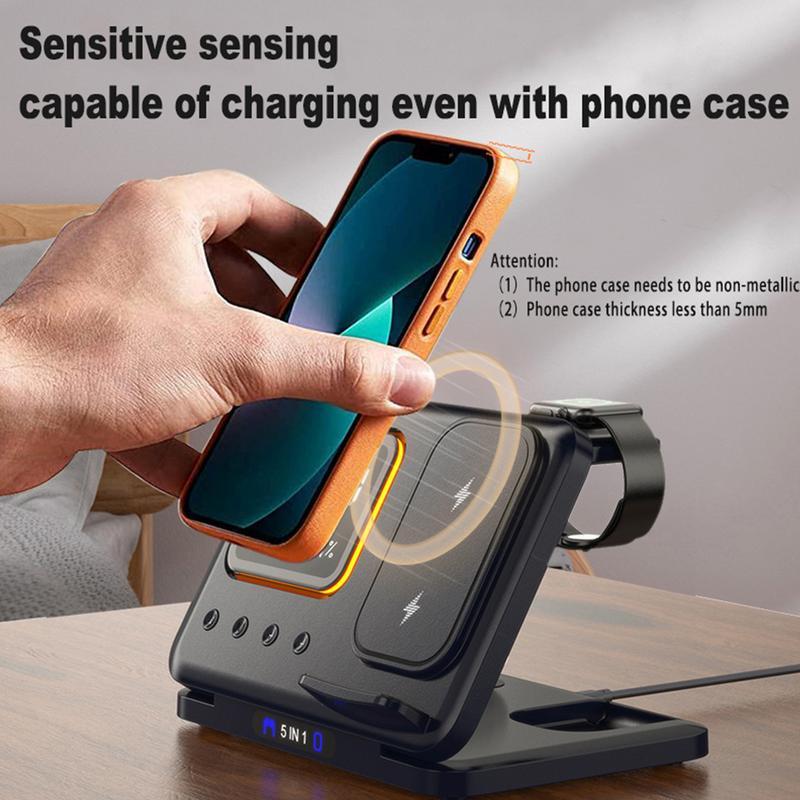 5-in-1 Wireless Charging Stand – 15W Fast Charger with LED Alarm Clock