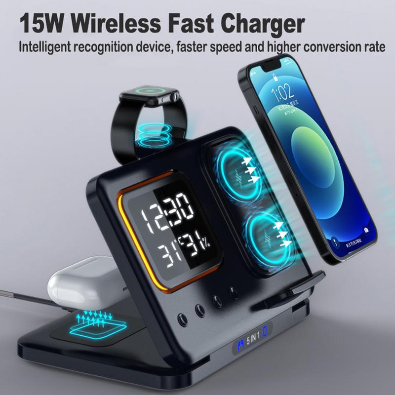 5-in-1 Wireless Charging Stand – 15W Fast Charger with LED Alarm Clock