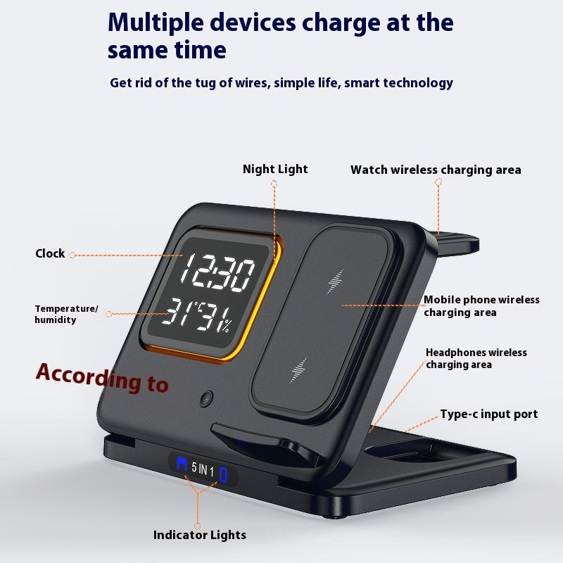 5-in-1 Wireless Charging Stand – 15W Fast Charger with LED Alarm Clock