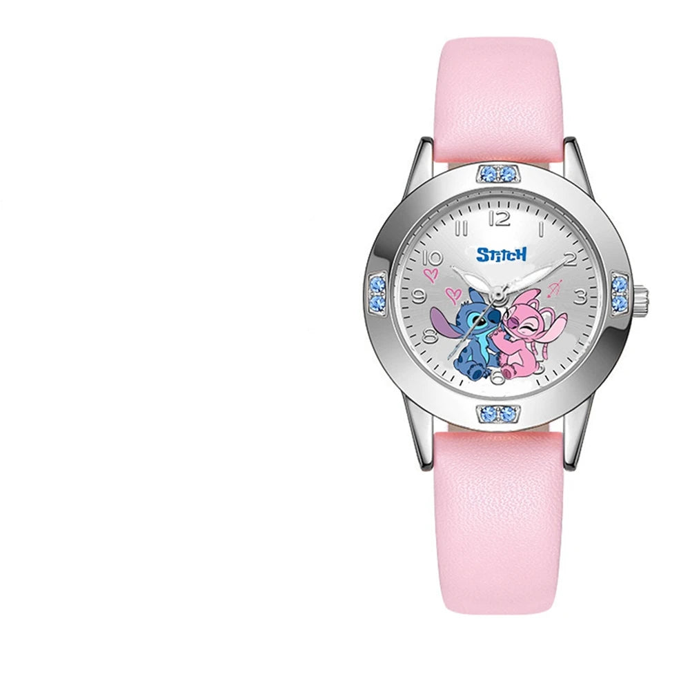 Disney Stitch Girl's Watches Diamond Quartz Watch for Women Stich Cartoon Leather Wristwatches Fashion Steel Belt Watch Gift