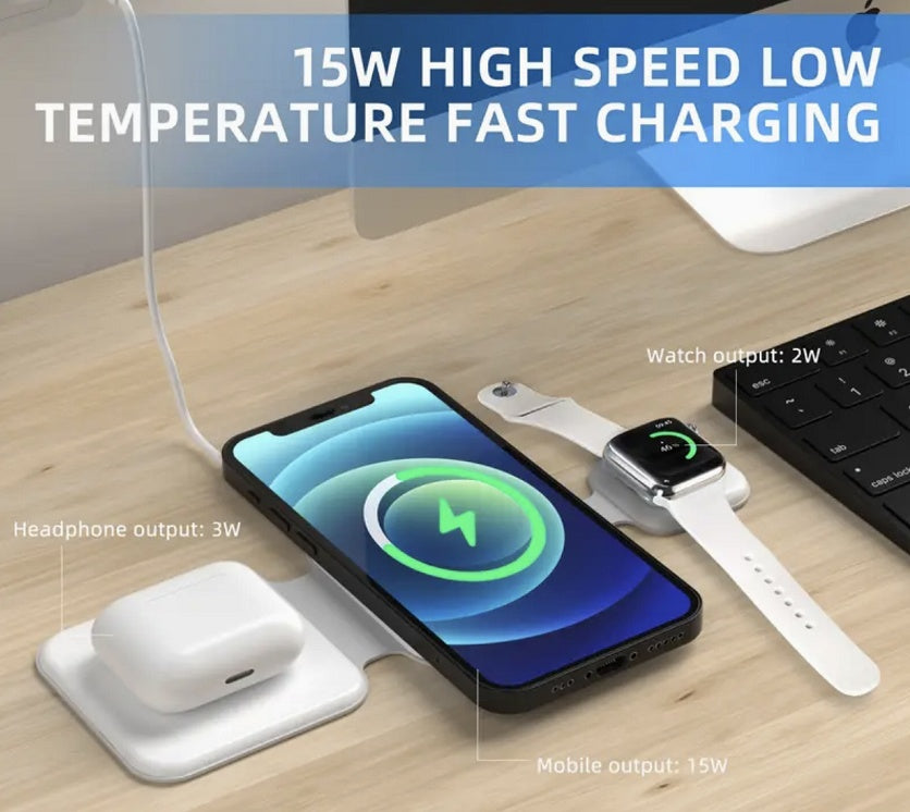 3-in-1 Magnetic Foldable Wireless Charger – Multi-Device Charging Station