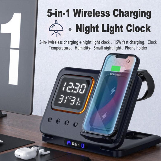 5-in-1 Wireless Charging Stand – 15W Fast Charger with LED Alarm Clock