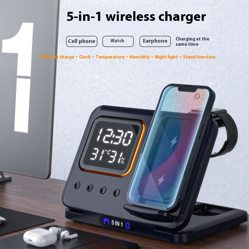5-in-1 Wireless Charging Stand – 15W Fast Charger with LED Alarm Clock